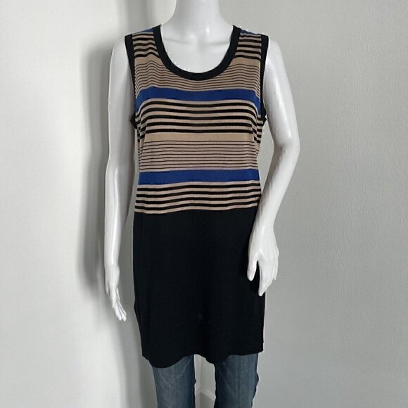Akris Punto Sleeveless Top Size 12 44 100% Wool Blue Black Striped Colorblock - Picture 1 of 8